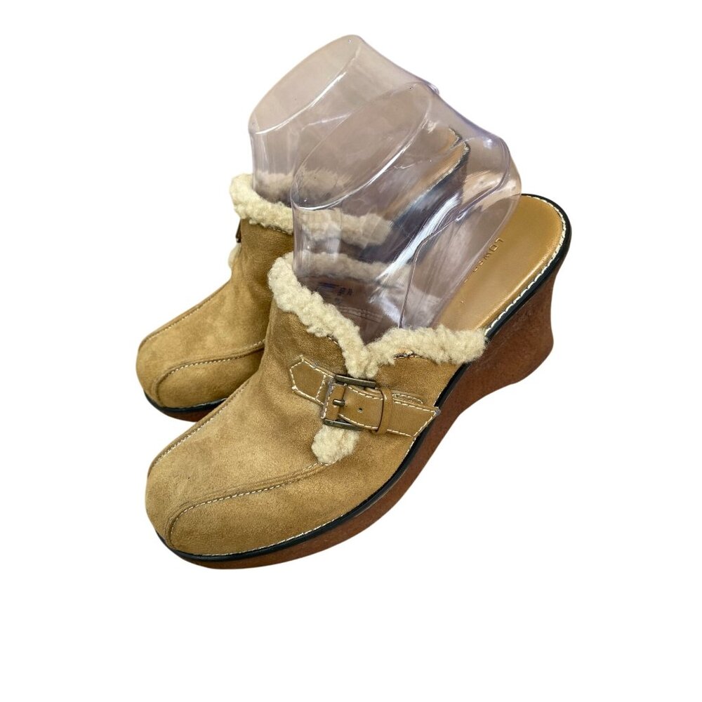 Lower East Side Y2K Brown Faux Suede Shearling Buckle Clogs Size 8.5‎ Wedge 90s